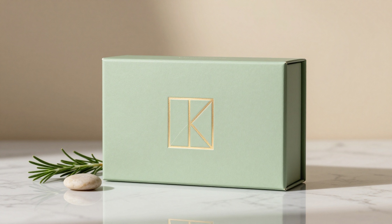 Luxury cosmetic product box with foil-stamped logo on marble surface surrounded by natural elements