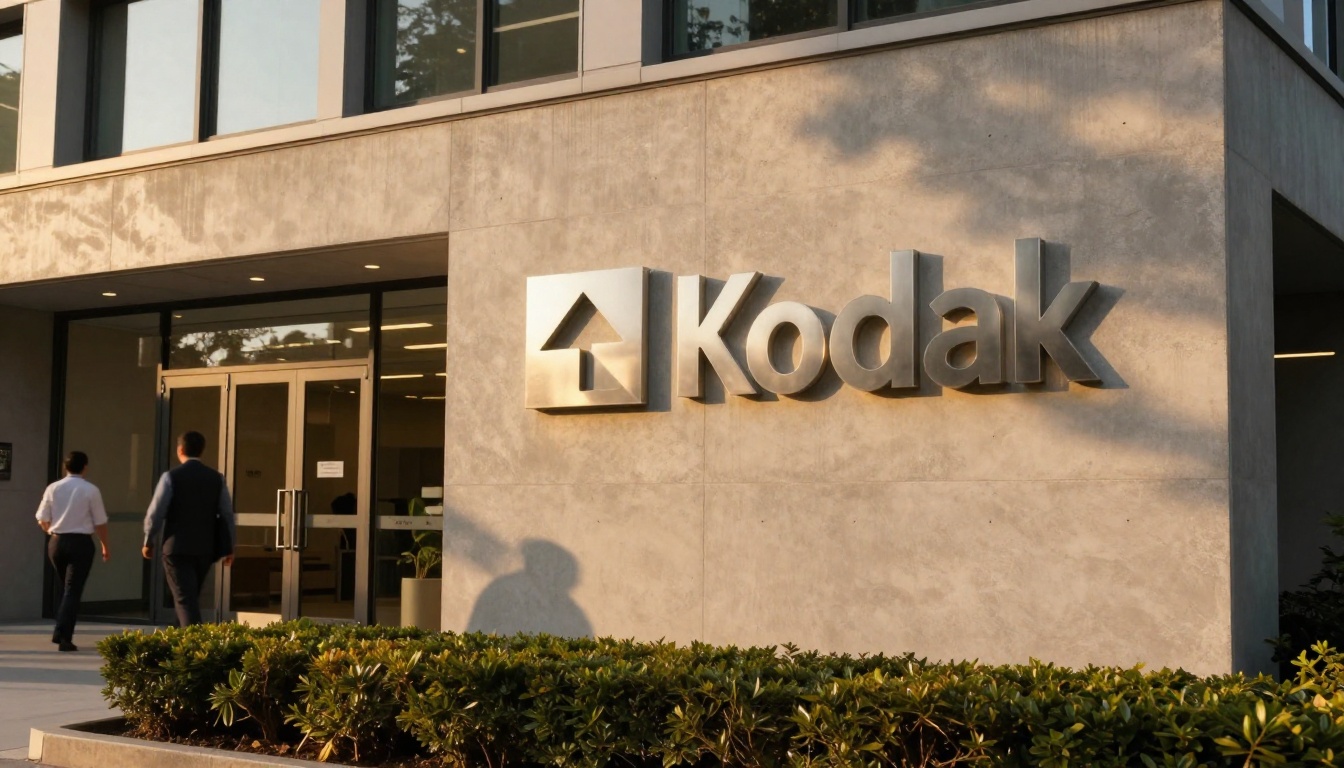 Modern office building exterior with dimensional aluminum logo sign in golden afternoon light