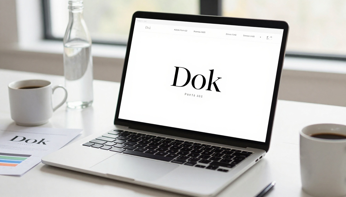 Laptop displaying a brand identity presentation with a wordmark logo on a linen desk