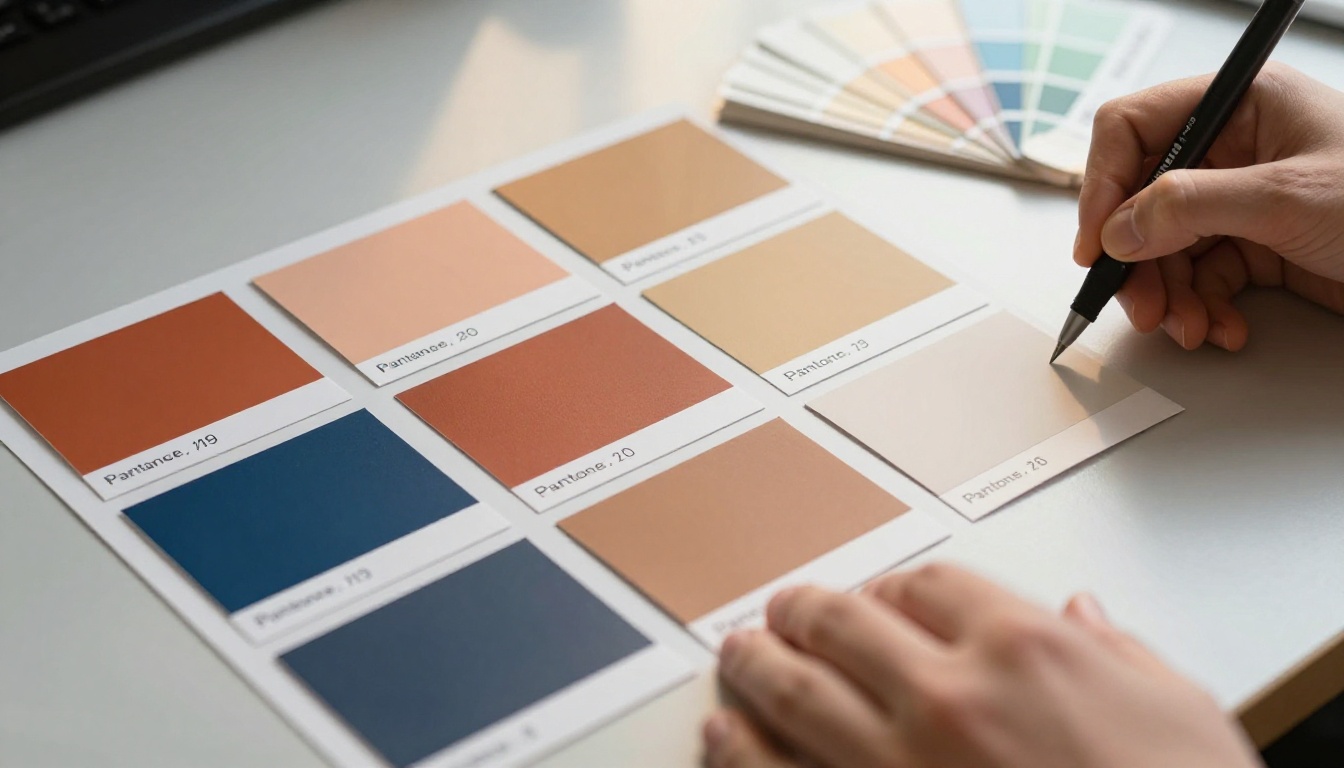Designer arranging Pantone color swatch cards with handwritten notes on a studio table