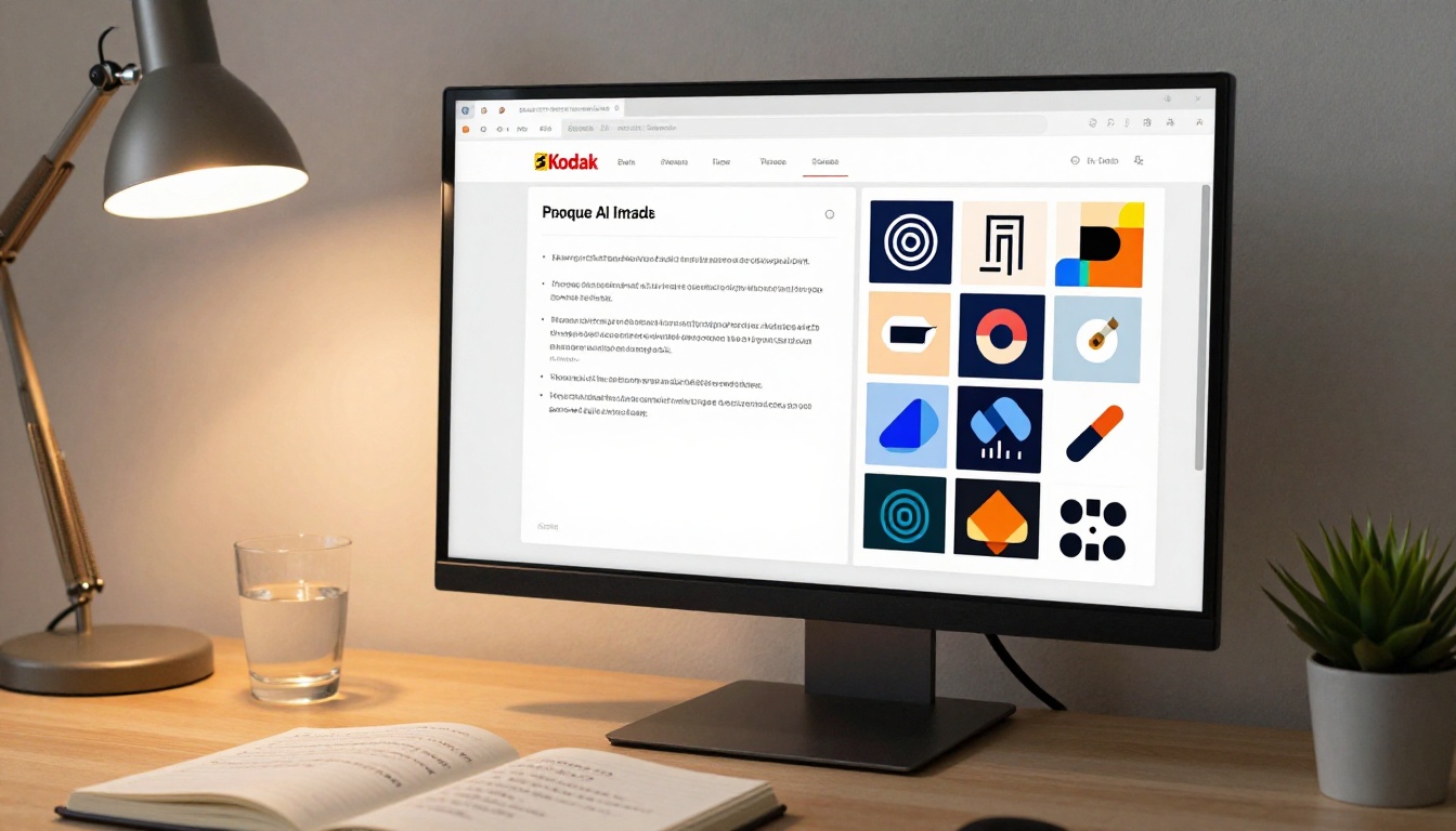 AI image generation interface showing brand logo concepts on a monitor in a home office
