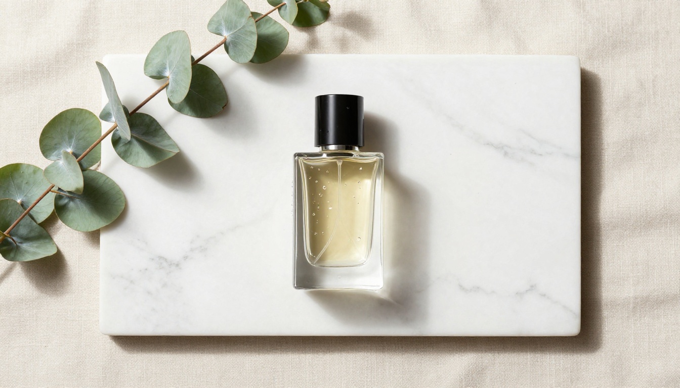 Luxury perfume bottle flat-lay product photography on white marble surface with eucalyptus sprigs