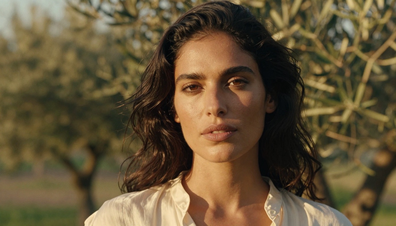 Portrait of woman with dark wavy hair in golden hour light with natural skin texture and olive grove background