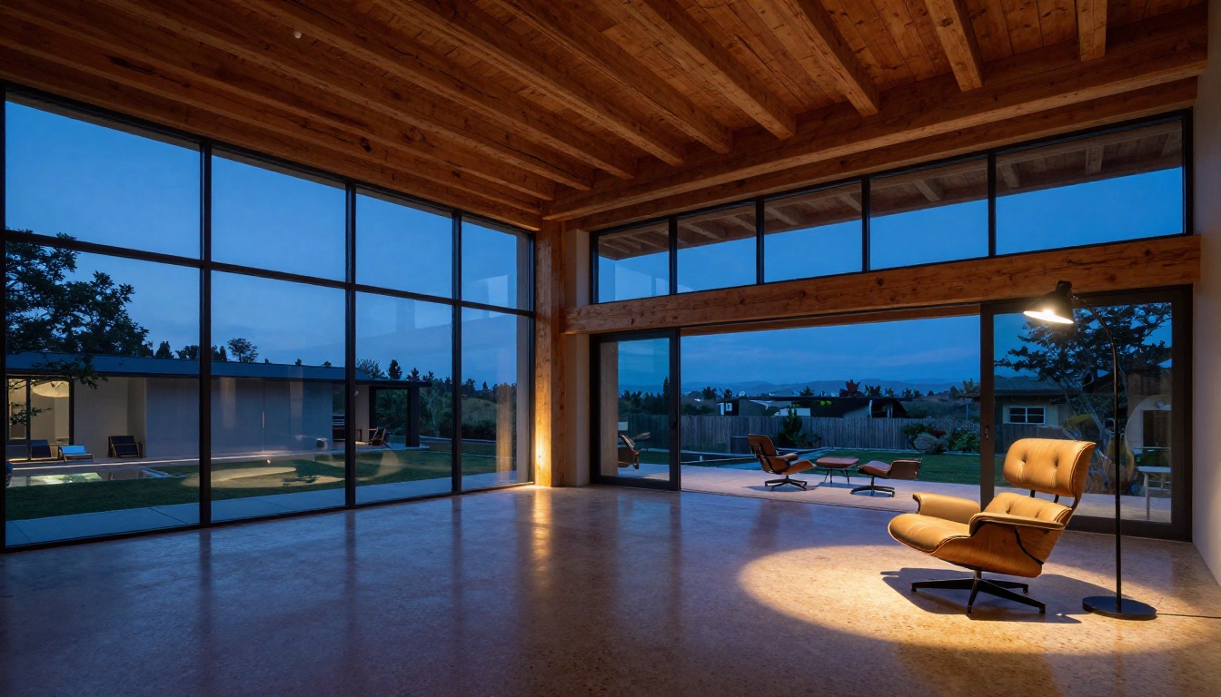 Mid-century modern interior with exposed Douglas fir beams and blue hour light through steel-frame windows