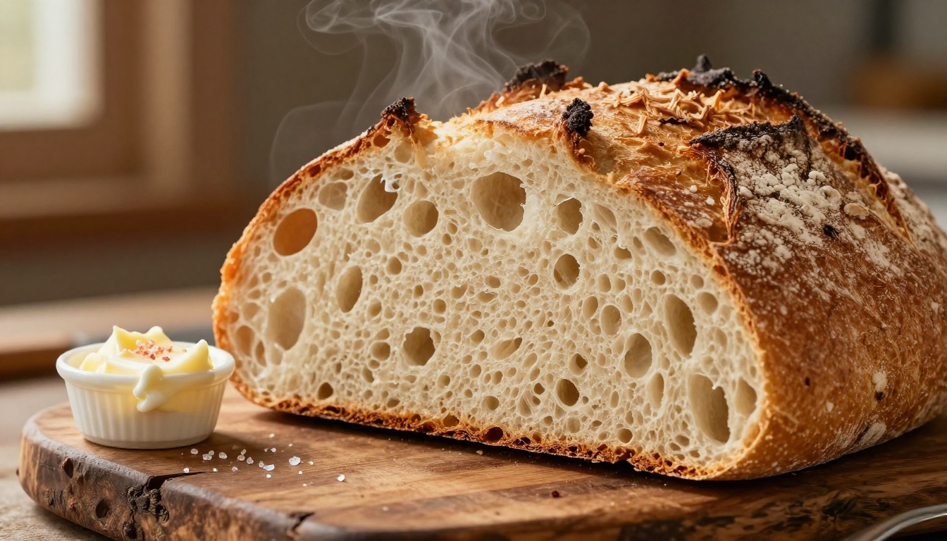 Artisan sourdough loaf with visible steam and open crumb structure on reclaimed wood board