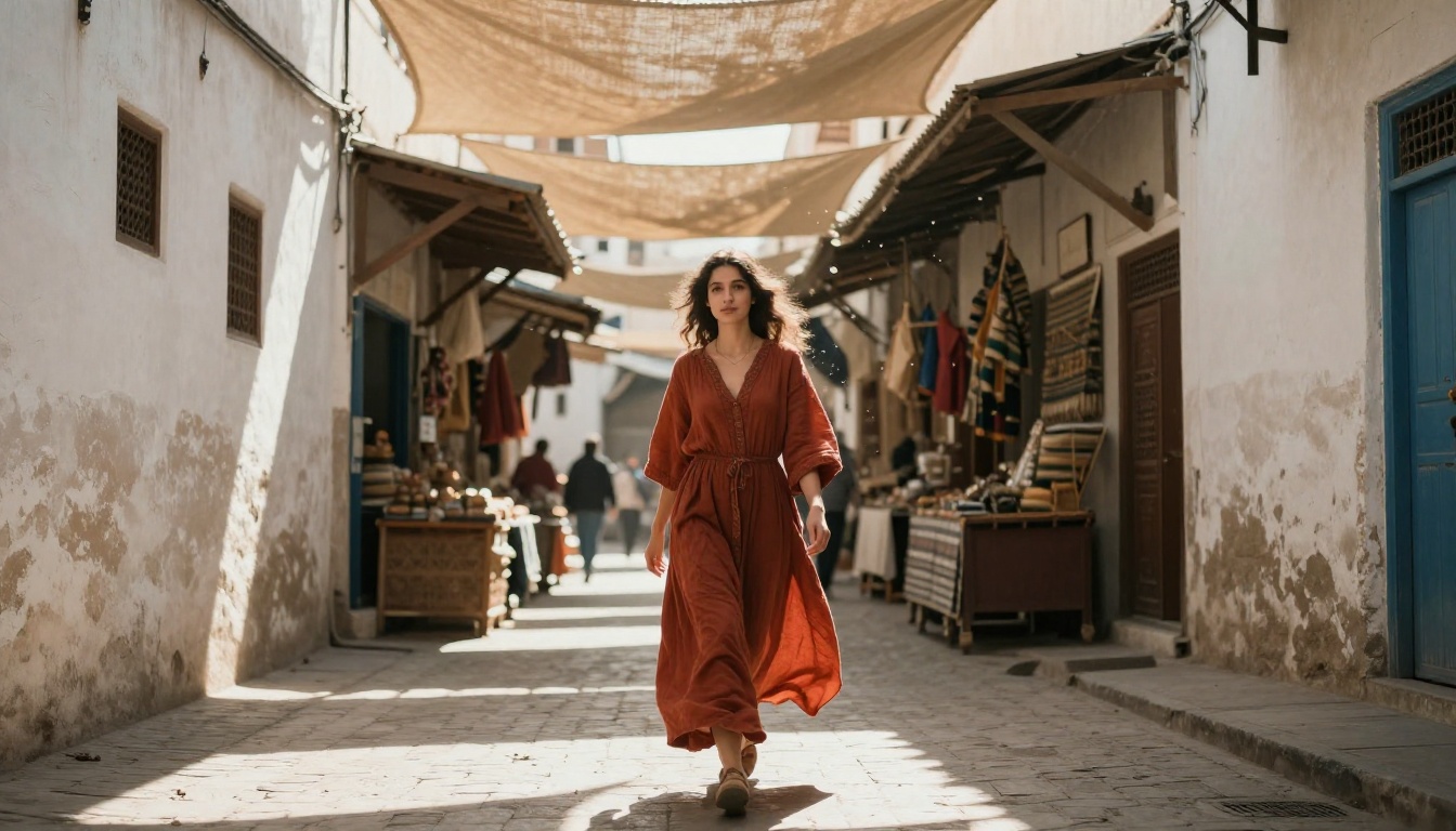 Woman in rust linen dress walking through sunlit Moroccan medina alleyway with dappled light and dust particles Woman in rust linen dress walking through sunlit Moroccan medina alleyway with dappled light and dust particles
