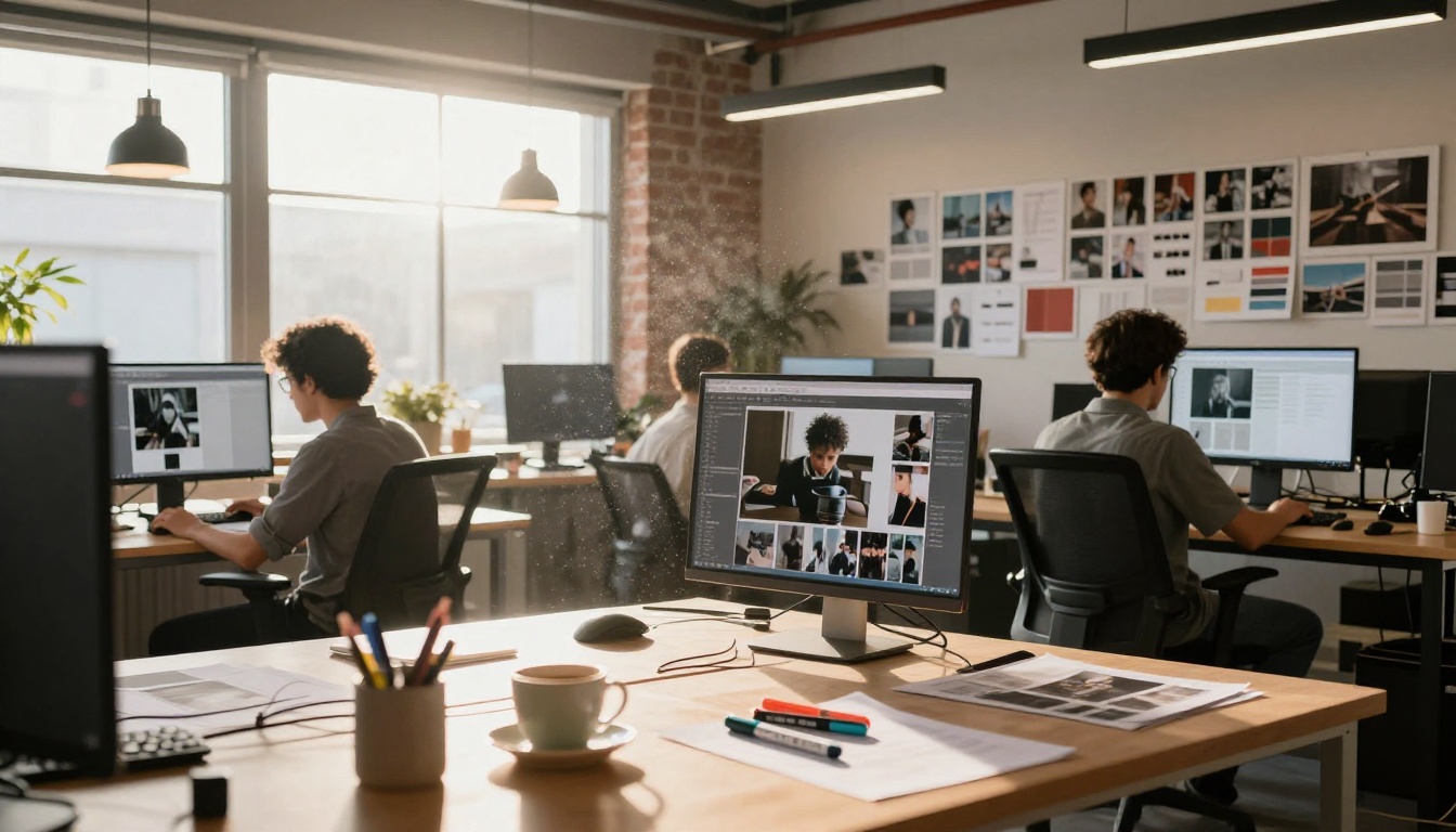 Creative agency open-plan studio with designers working on large-format image compositions Creative agency open-plan studio with designers working on large-format image compositions