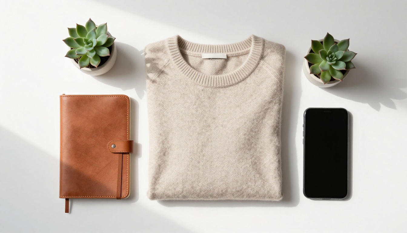 Flat lay e-commerce product photography with oatmeal merino sweater, leather notebook, and lifestyle props Flat lay e-commerce product photography with oatmeal merino sweater, leather notebook, and lifestyle props