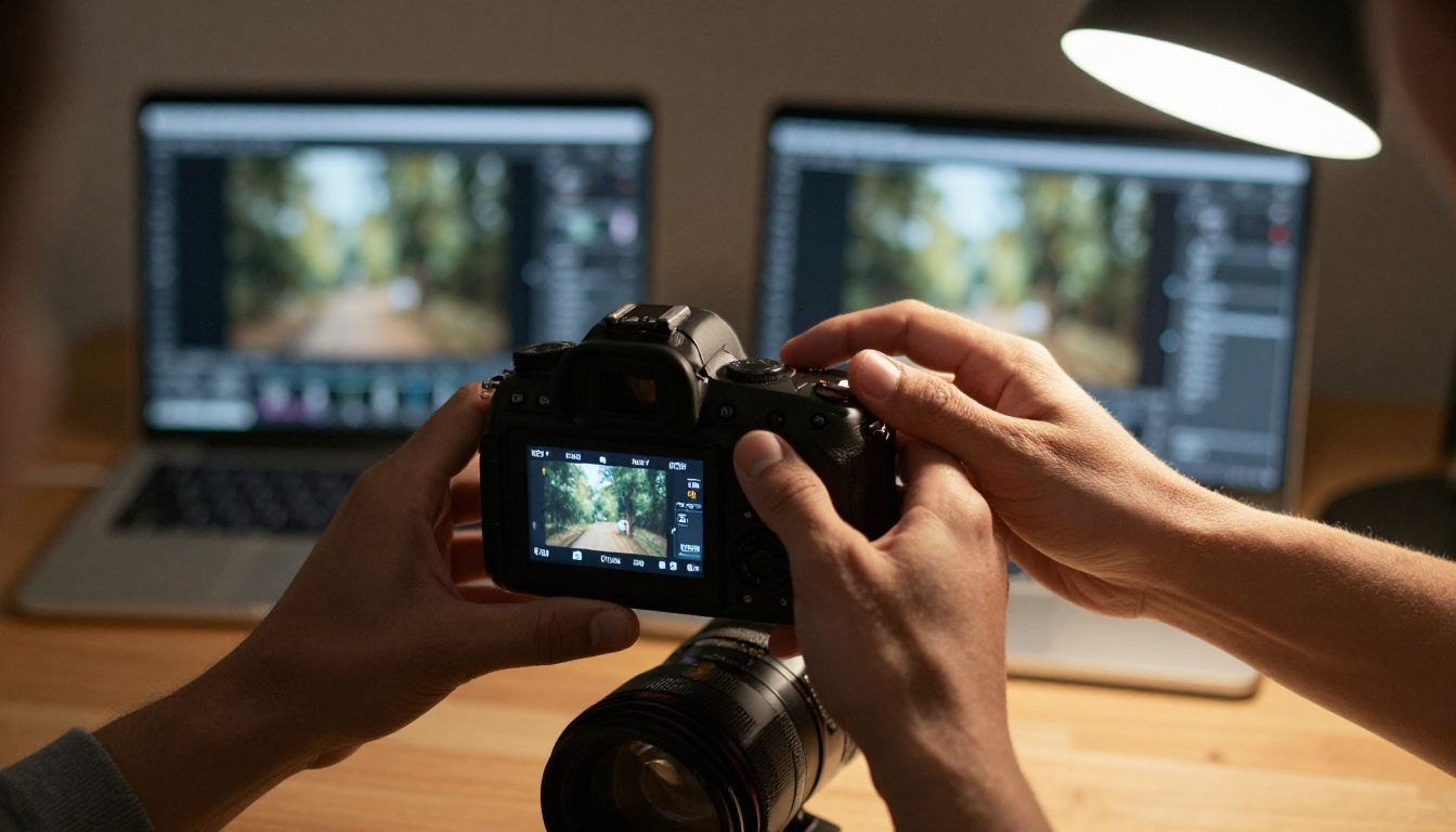 Professional hands adjusting DSLR camera settings with AI image generation interface visible in background Professional hands adjusting DSLR camera settings with AI image generation interface visible in background