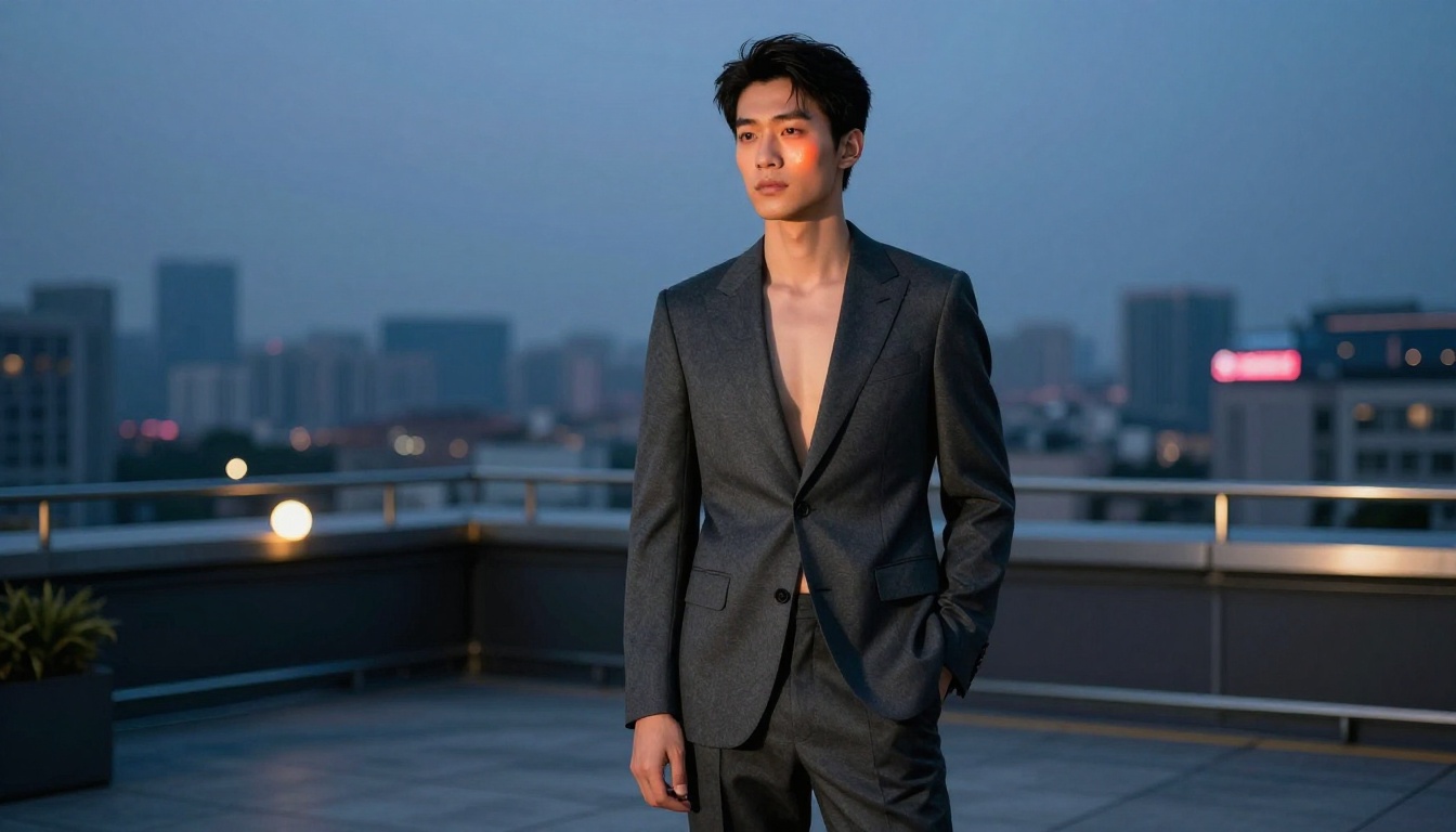 Professional model in tailored charcoal wool suit on rooftop terrace at blue hour with city skyline Professional model in tailored charcoal wool suit on rooftop terrace at blue hour with city skyline
