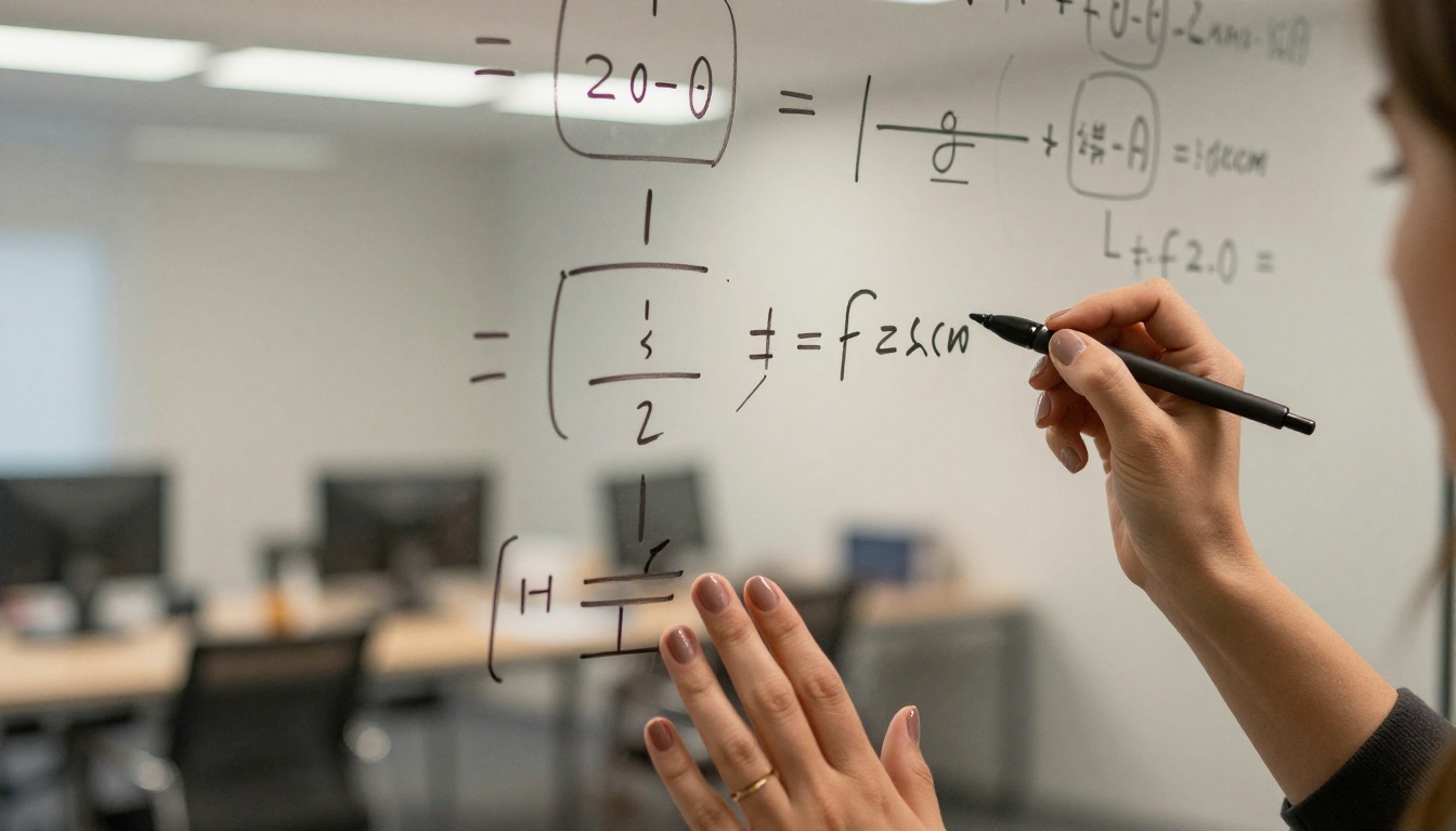 Close-up of hands writing equations on a glass whiteboard with flowcharts and branching logic diagrams