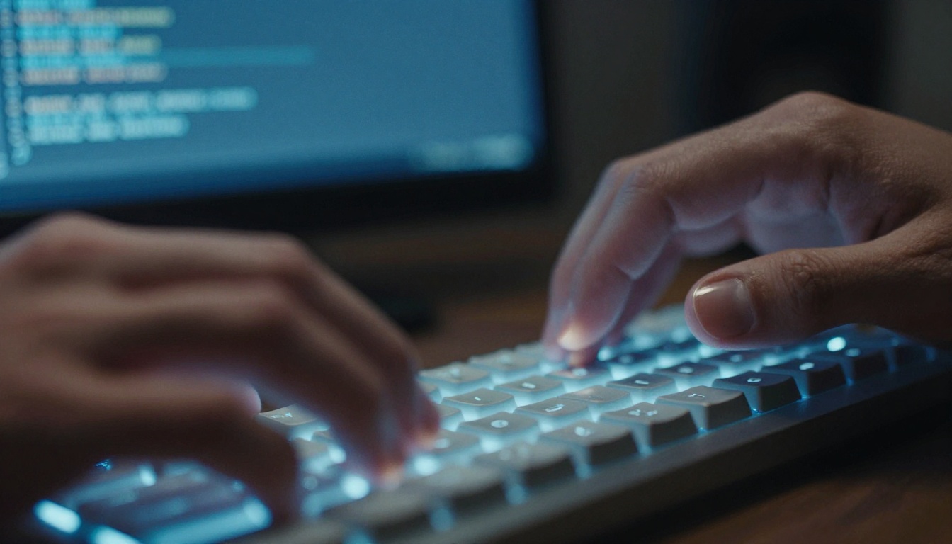 Extreme close-up of fingers hovering above a mechanical keyboard with motion blur and monitor glow