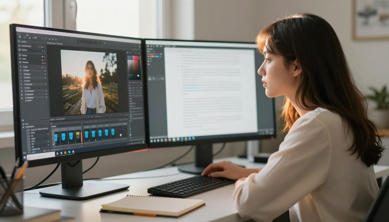 Young woman looking at ultrawide monitor showing text and image panels side by side
