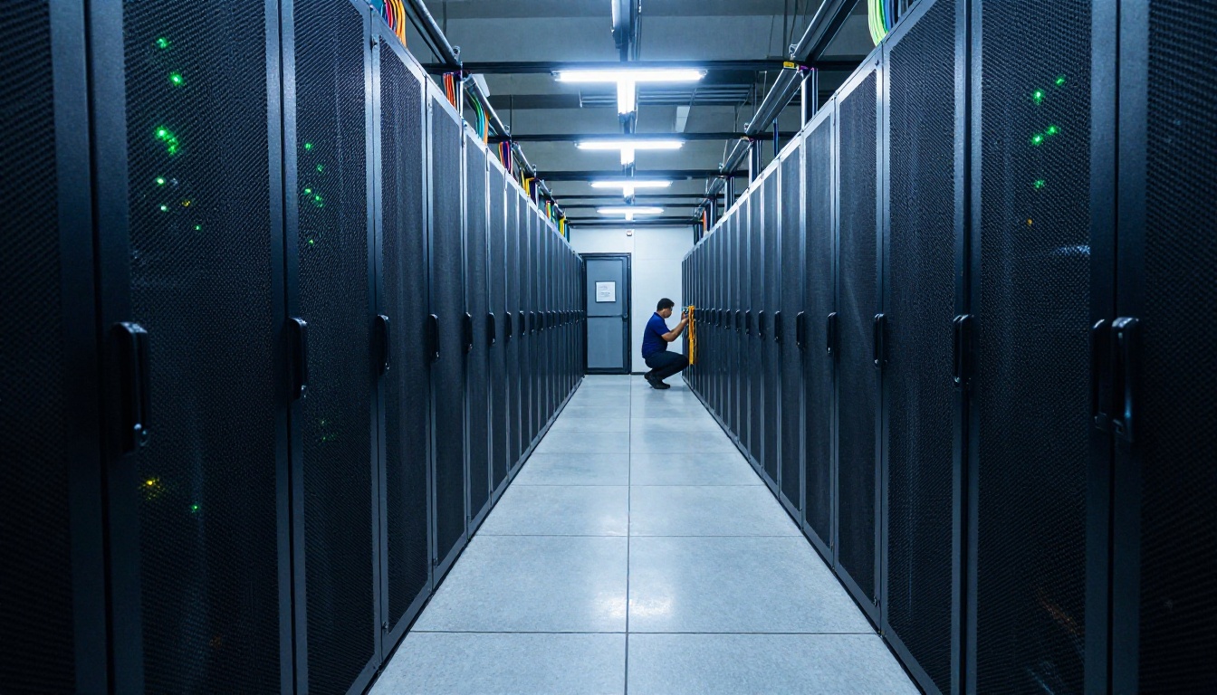 Wide aerial view of server room corridor with black rack towers and parallel overhead lighting