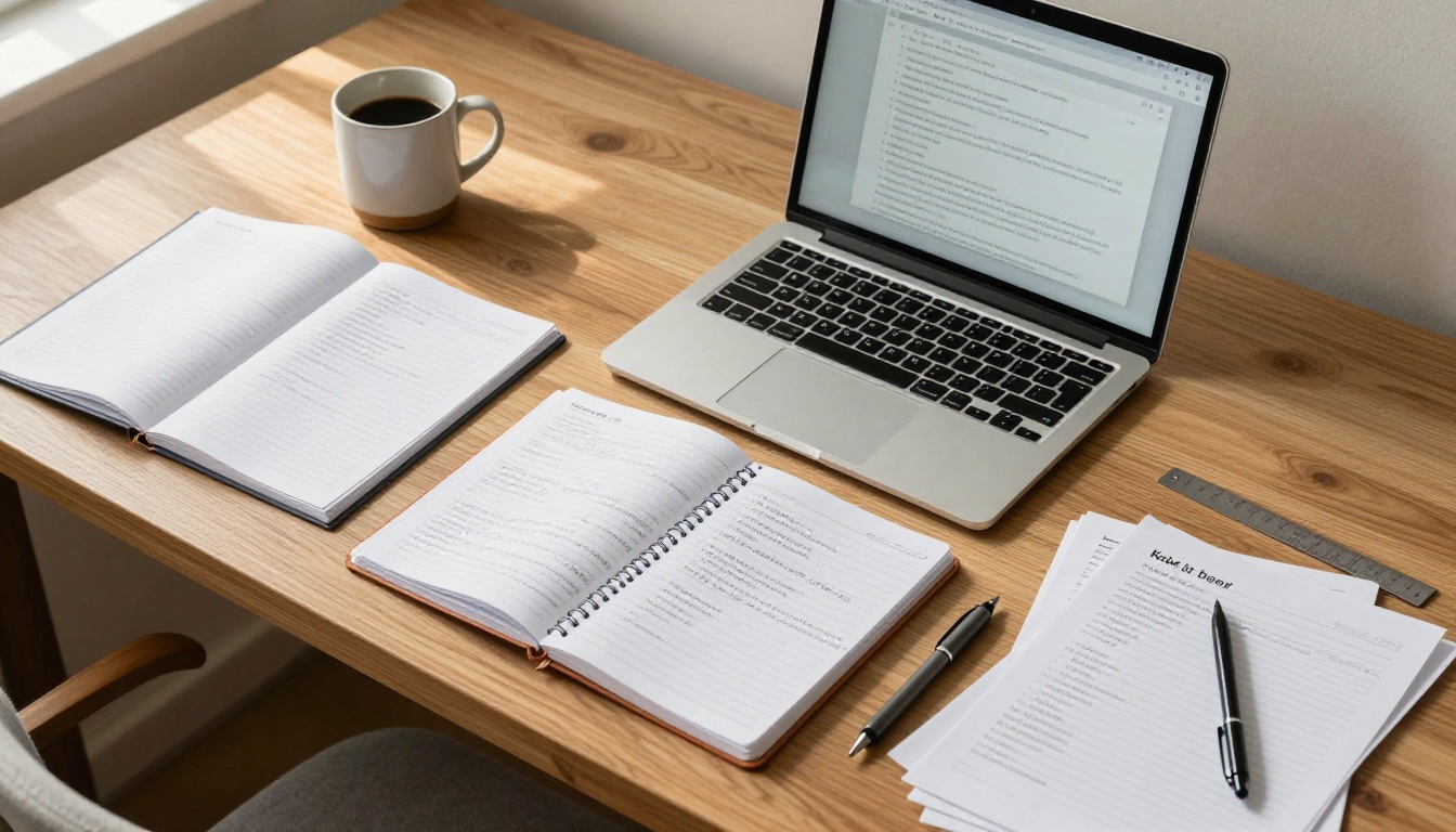 Top-down flat-lay of an oak desk with printed documents, notebooks, laptop, and a coffee mug
