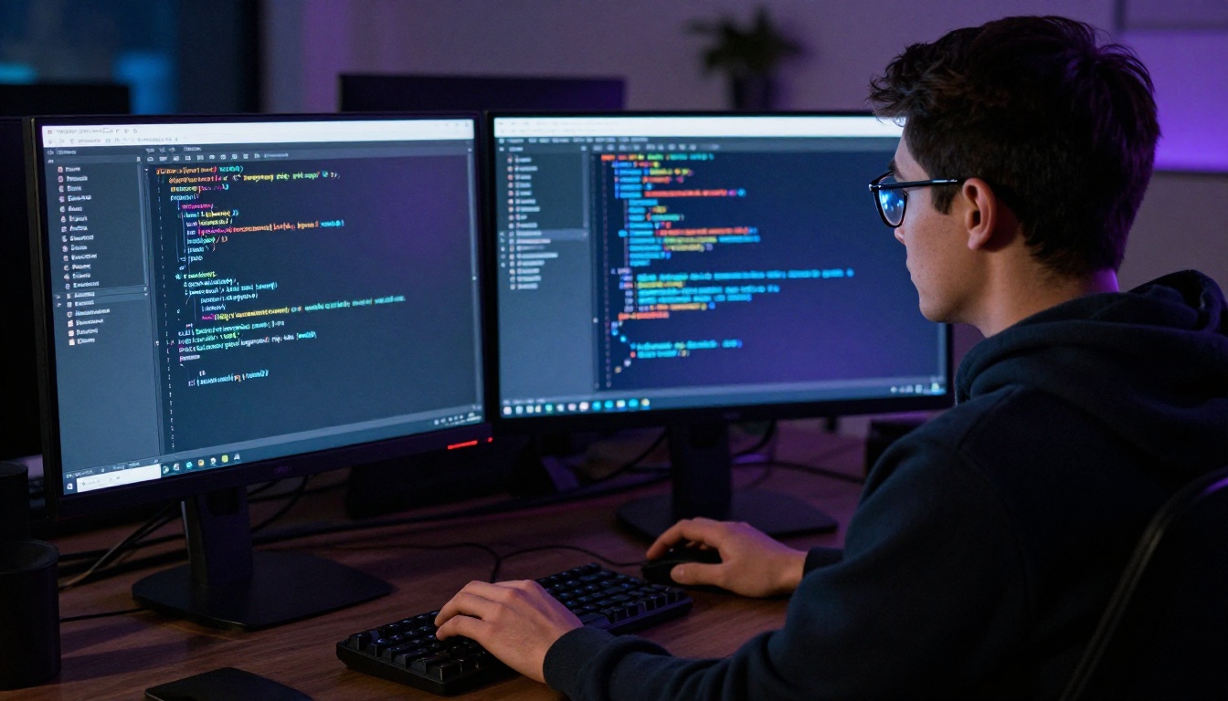 Male developer in dark hoodie seated in front of two large monitors with syntax-highlighted code