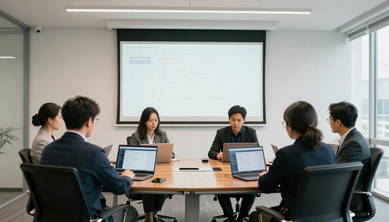 Modern corporate conference room with four professionals seated around a glass table with laptops