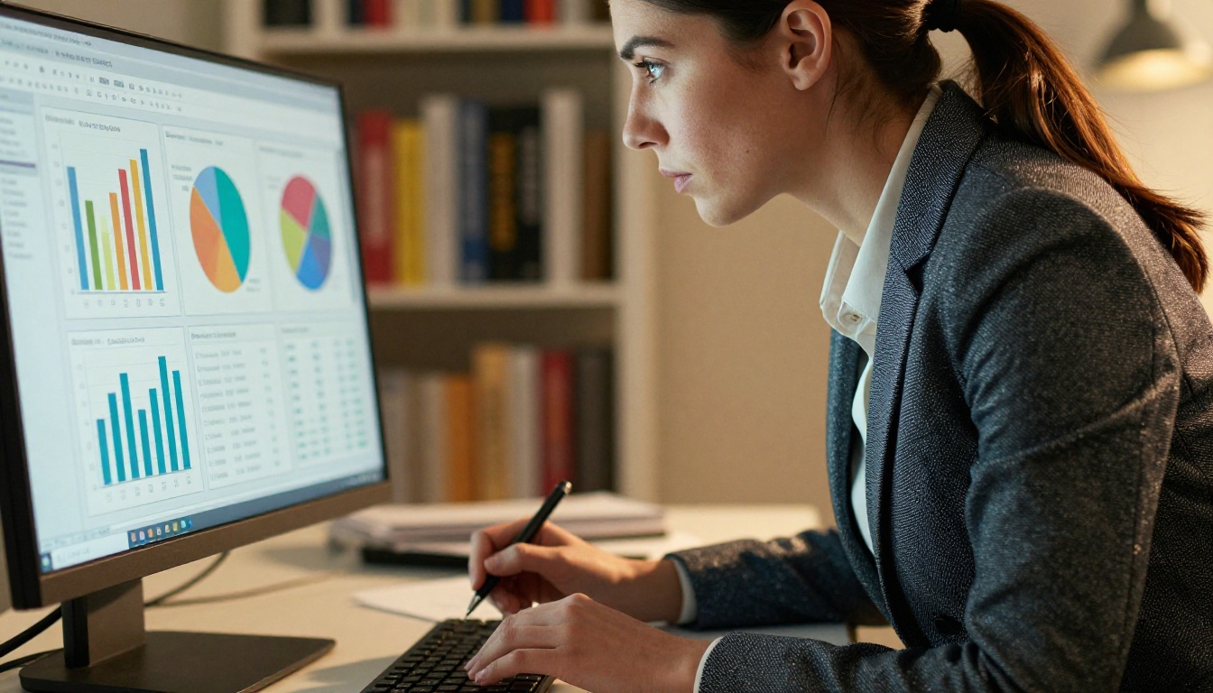 Businesswoman in navy blazer studying a monitor with bar charts and data tables