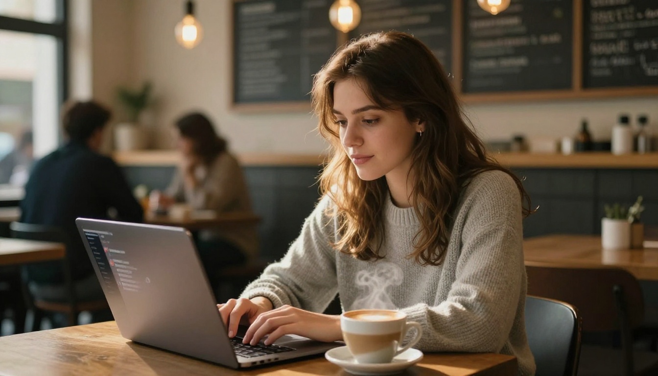 Young woman in gray sweater using AI chat on a laptop in a cozy coffee shop