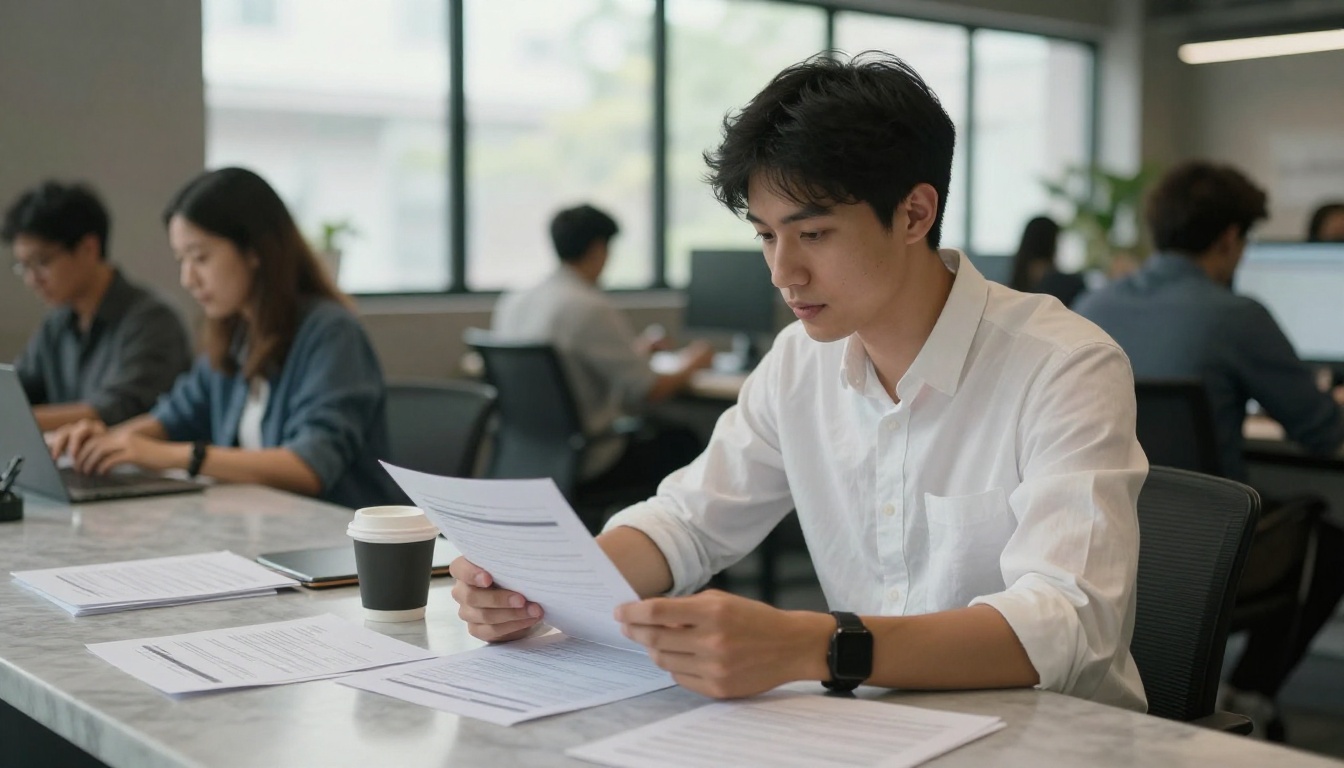 Professional reviewing emails at co-working space