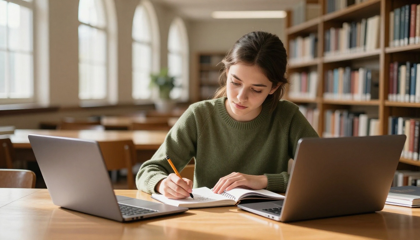 University student writing in a sunlit library