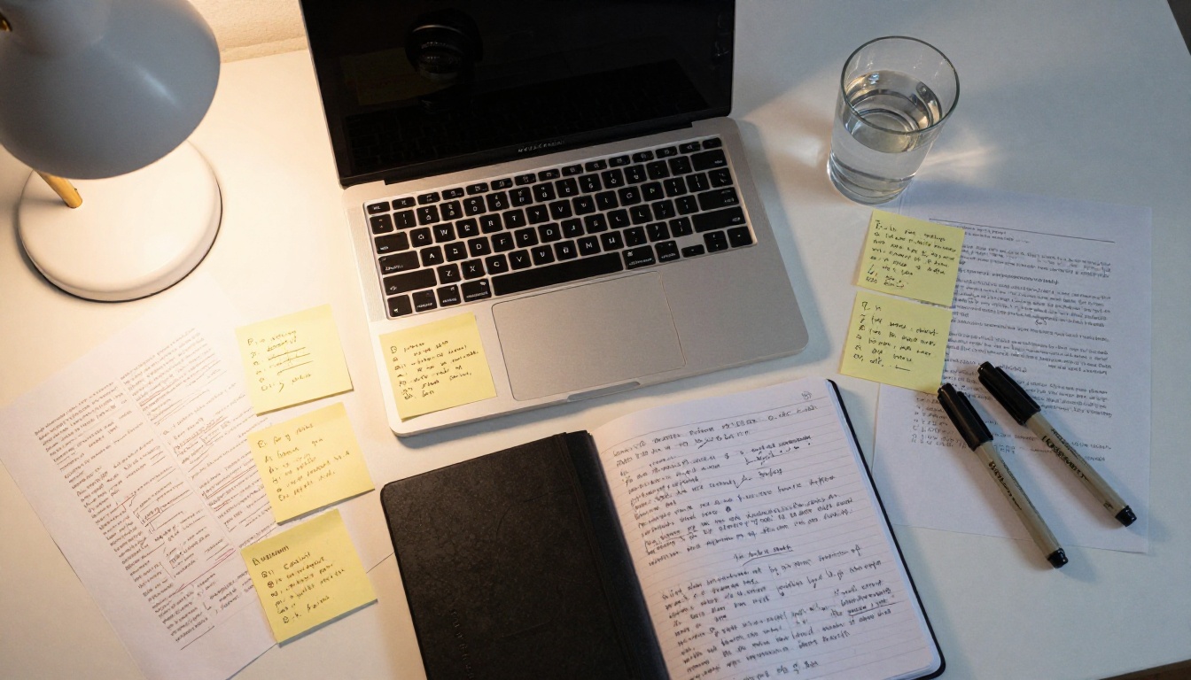 Aerial flat-lay desk with notebooks, drafts, and writing materials