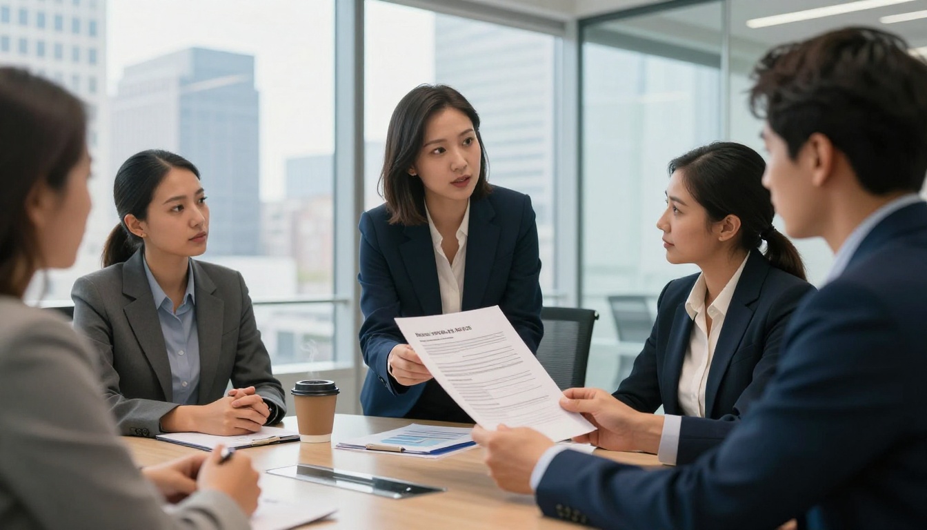Business presentation with printed report to a team