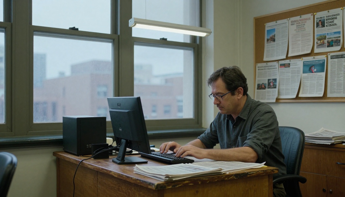 Journalist typing at a weathered desk in an editorial office