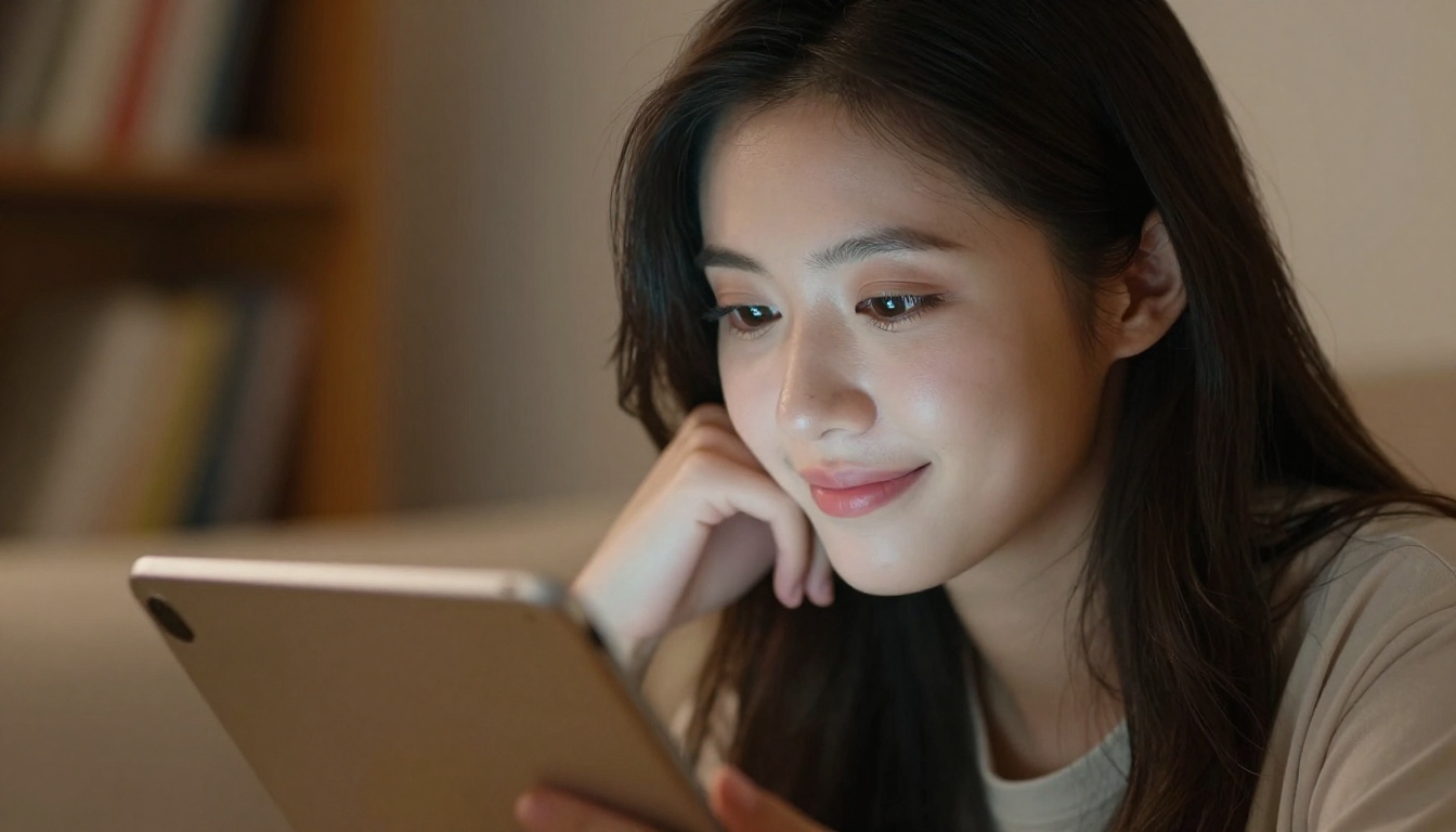 Young woman reading content on a tablet in a cozy living room