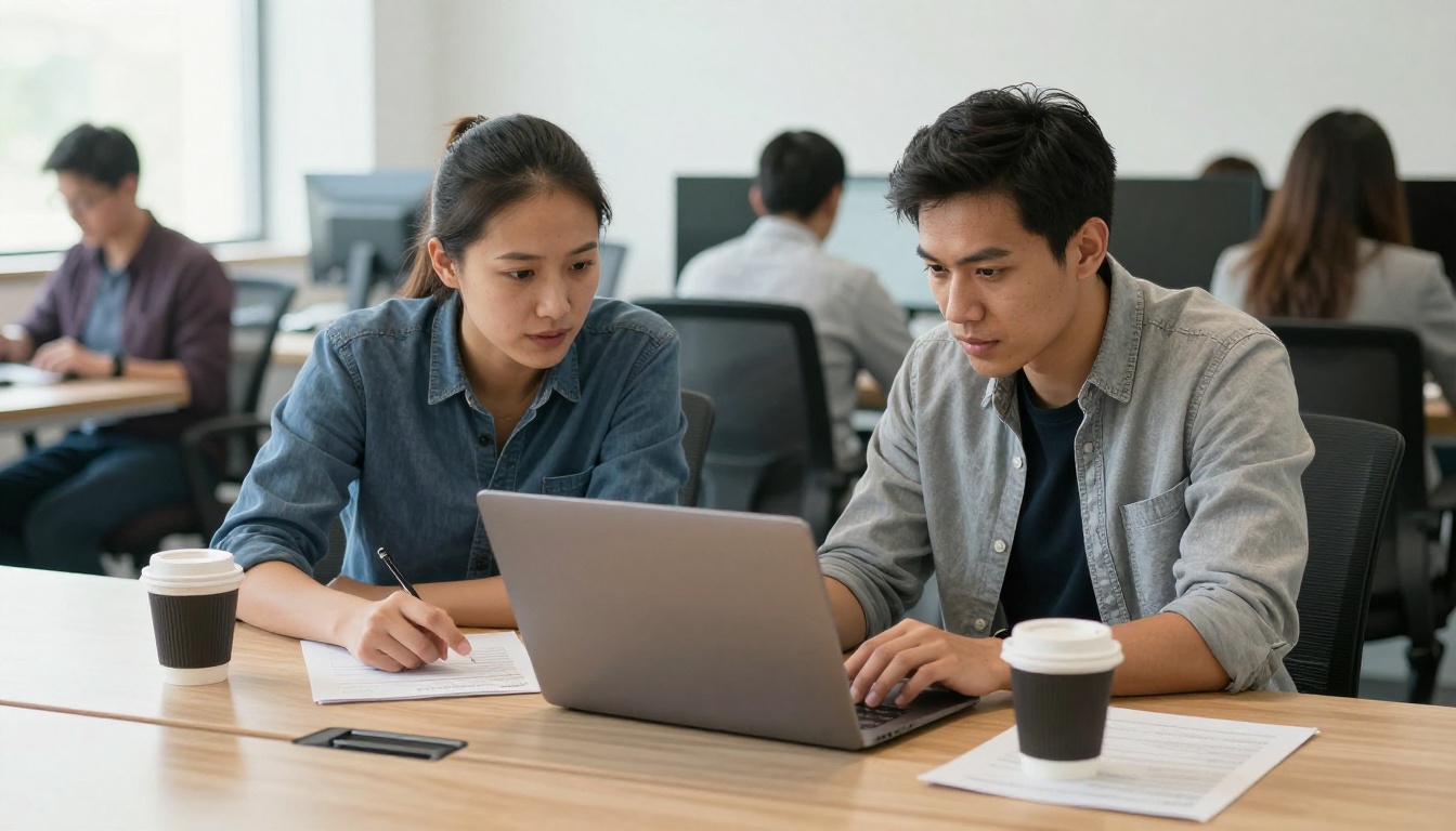 Two marketing professionals collaborating on a writing project at a shared laptop