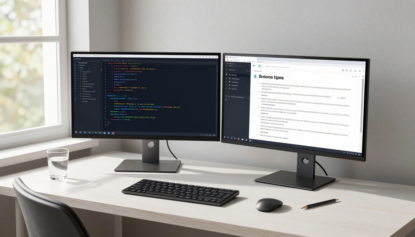 Dual monitor setup showing code editor and AI chat interface