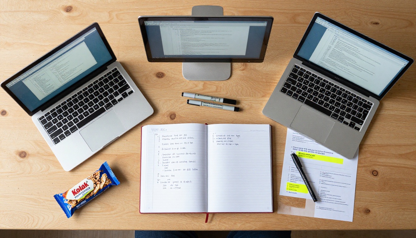 Aerial view of developer desk with notebook, laptop, and code printouts