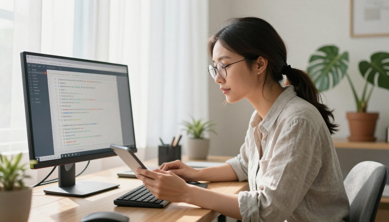 Female developer reading AI code suggestions on a large monitor in daylight