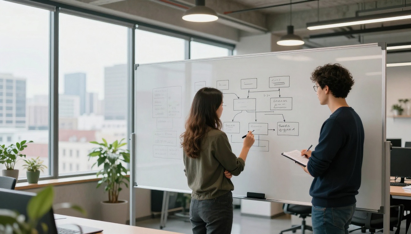 Software developers discussing system architecture at a whiteboard