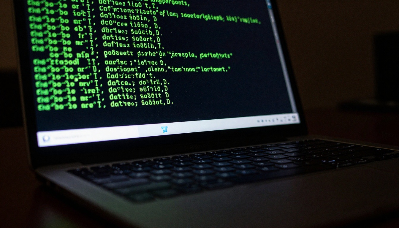 Close-up of a terminal window with green text on a dark screen in a dim room