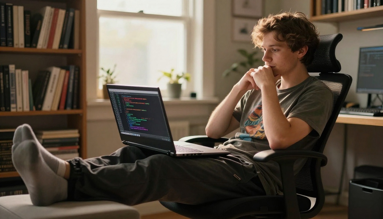 Developer leaning back in ergonomic chair reviewing code on laptop