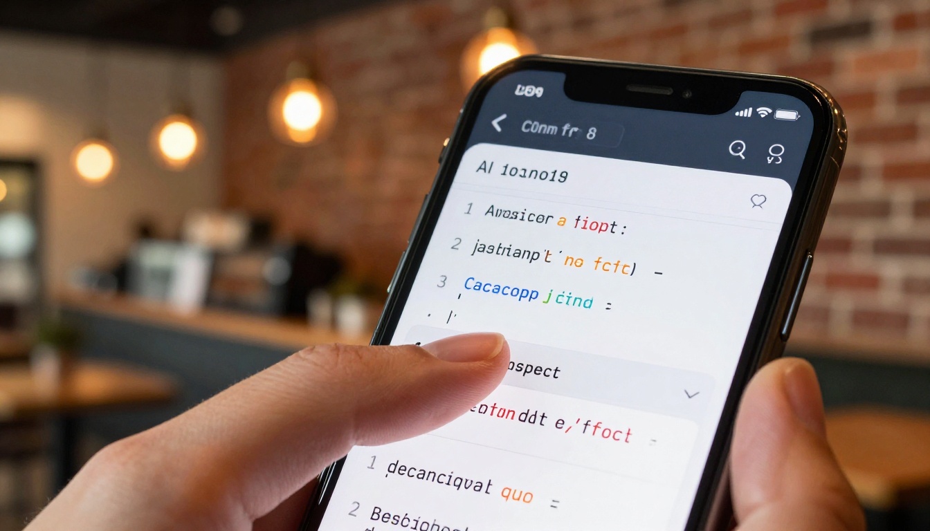 Smartphone showing AI code completion in a warm coffee shop setting