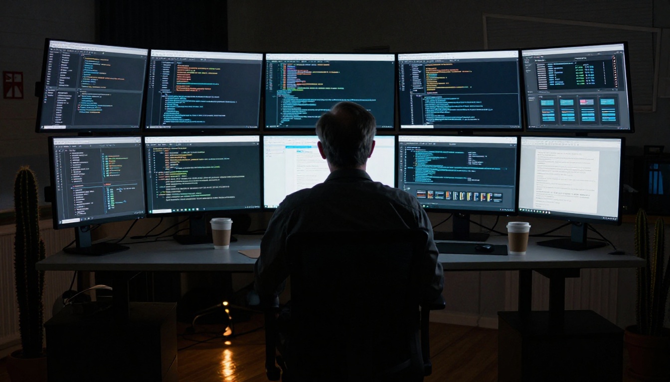 Senior developer silhouetted by four monitors in a dark office at night