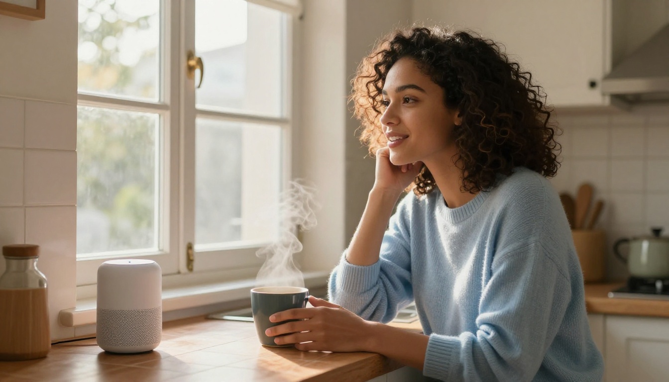 Woman speaking to smart speaker in kitchen Woman speaking to smart speaker in kitchen