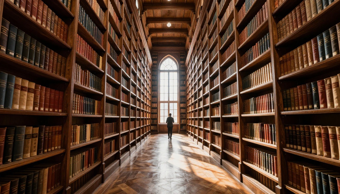 Vast traditional library with towering shelves Vast traditional library with towering shelves