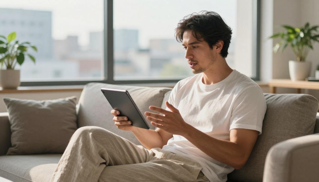 Man holding tablet on sofa in sunlit living room Man holding tablet on sofa in sunlit living room