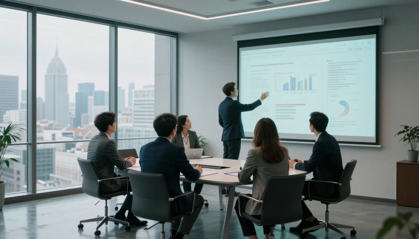 Four professionals in conference room discussion Four professionals in conference room discussion