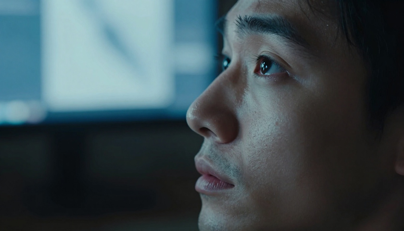 Person's face illuminated by screen glow from below Person's face illuminated by screen glow from below