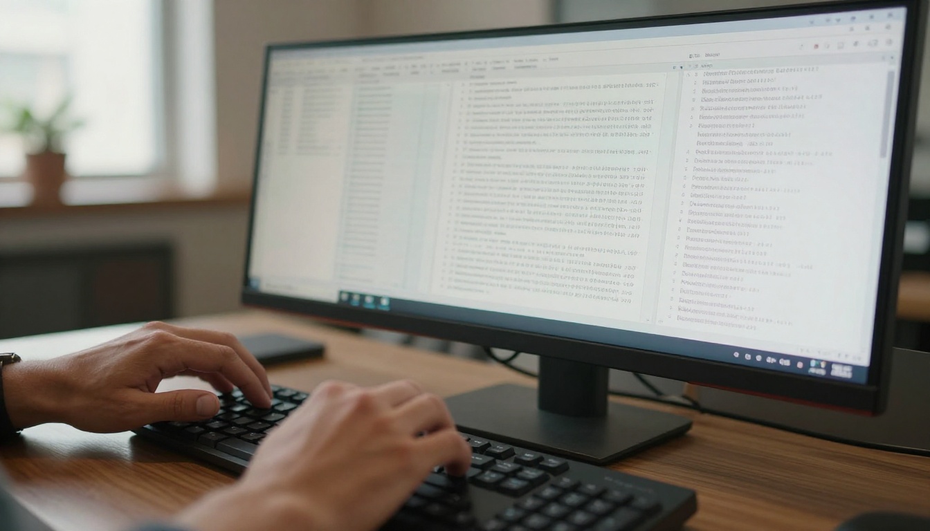 Hands scrolling through a long document on an ultrawide monitor