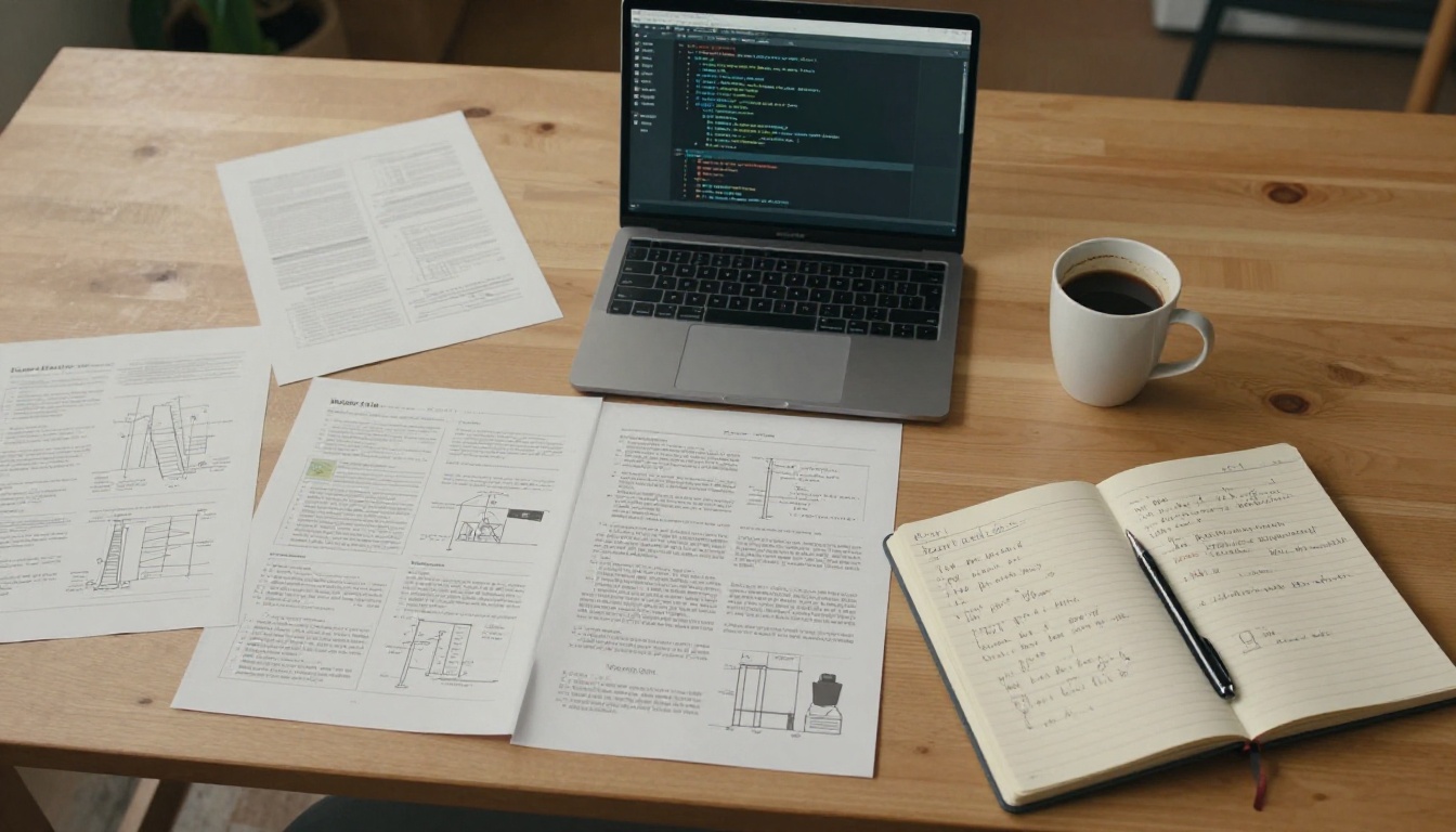 Aerial view of a developer workspace covered with printed documents and a laptop
