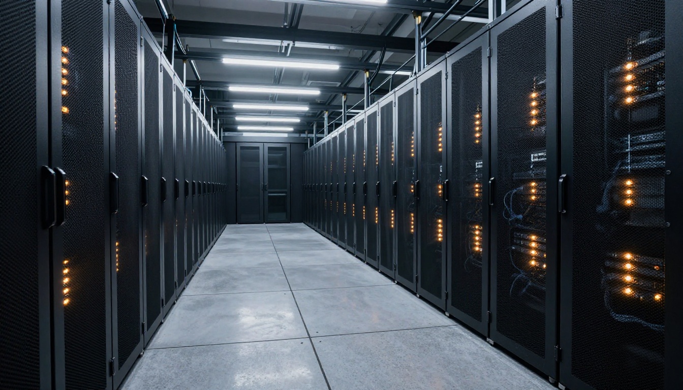 Wide shot of a modern server room with rows of black server racks