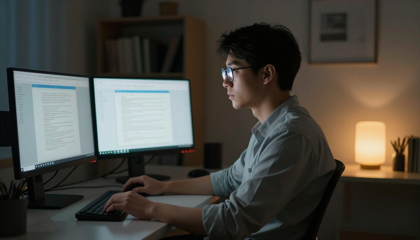 Researcher at night with dual monitors Researcher at night with dual monitors