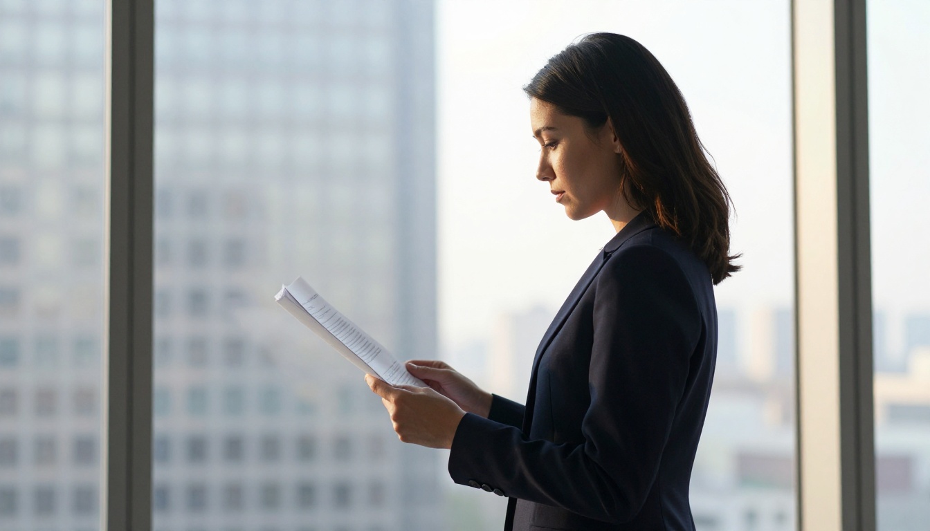 Professional woman reading report at office window Professional woman reading report at office window
