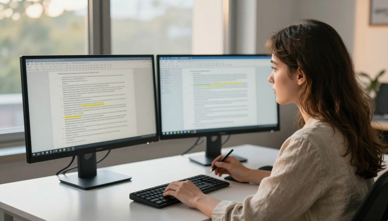 Over-shoulder shot of a woman studying two monitors showing highlighted documents