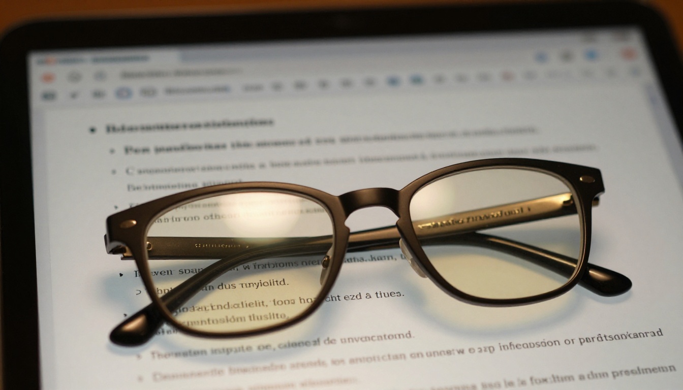 AI text summary reflected in reading glasses close-up AI text summary reflected in reading glasses close-up